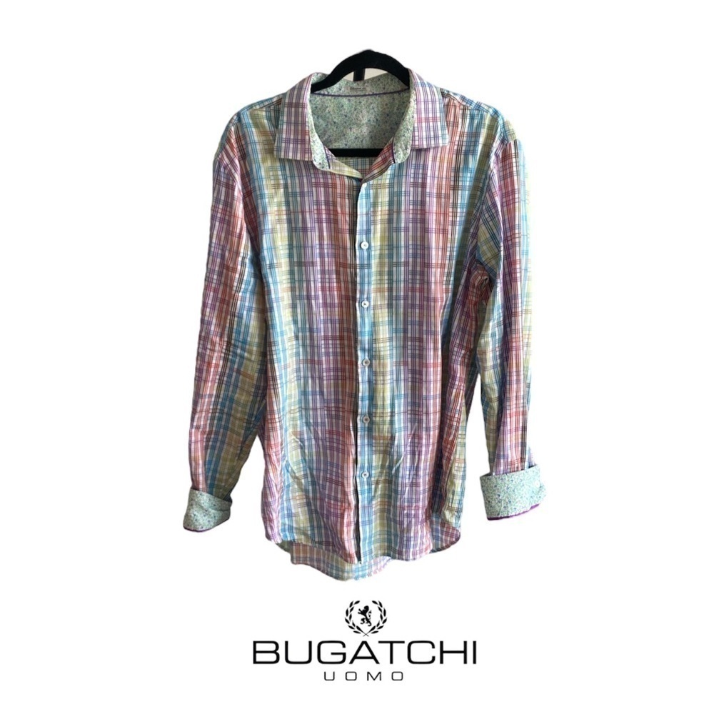 BUGATCHI Rainbow Plaid Dress Shirt | Men’s Large | Designer